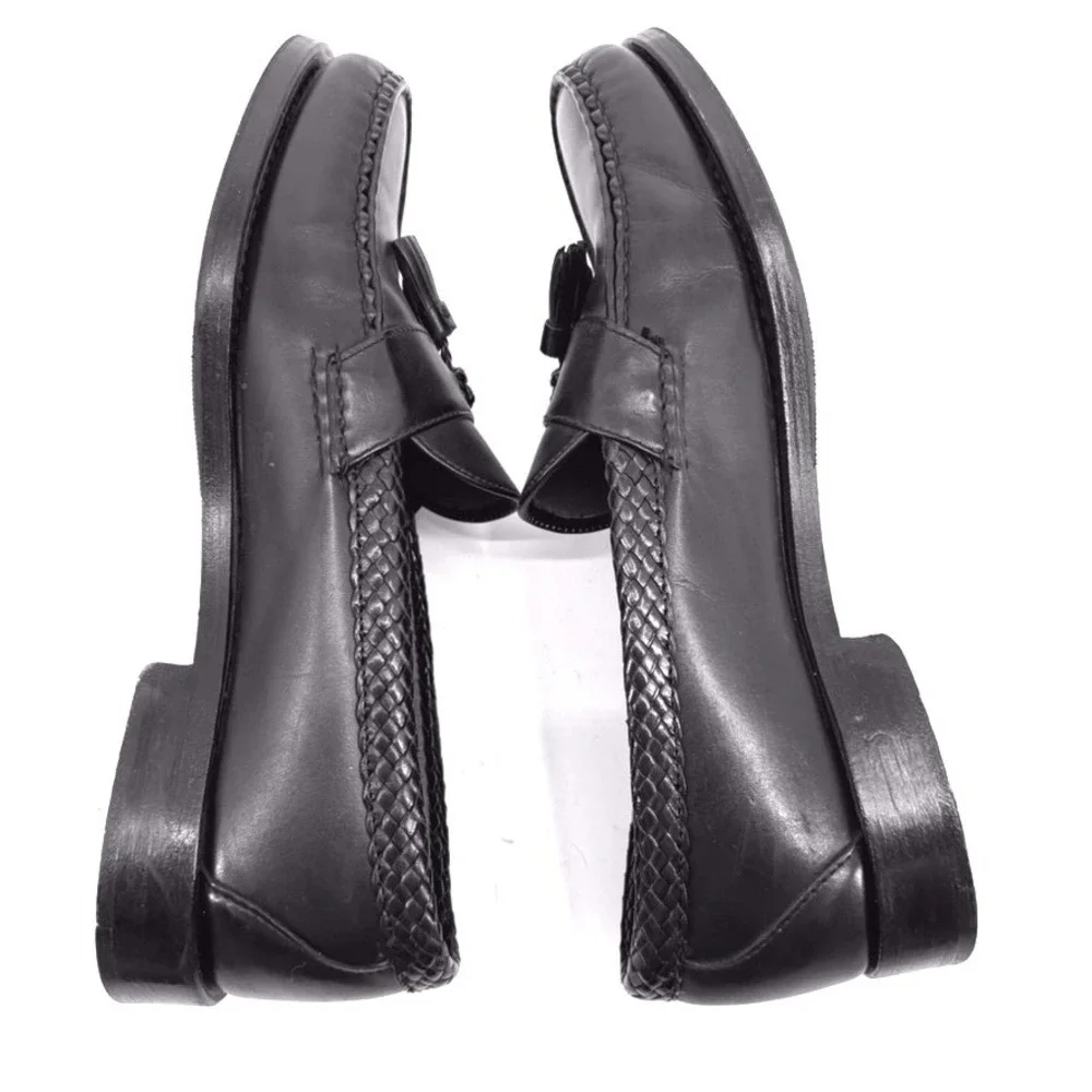Brooks Brothers Tassel Loafers 10 D Black Leather Braided Trim Hand Sewn Shoes